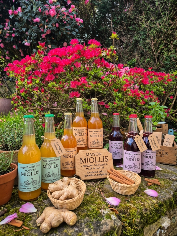 Table dressée de bouteilles colorées, agrumes et verres d’infusion Maison Miollis.